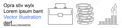 Business growth, finance management, economic planning, corporate strategy, investment ideas, profitability analysis. Briefcase, stacked coins upward arrow graph. Business growth and finance
