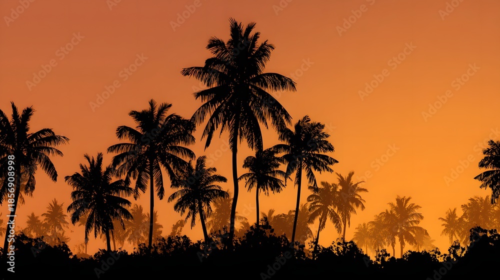 Obraz premium Silhouette of Palm Trees Against a Vibrant Orange Sunset Sky.