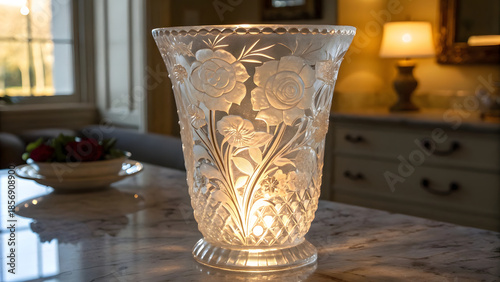 An elegant ornate glass vase stands center frame, its form sculpted with intricate floral relief patterns