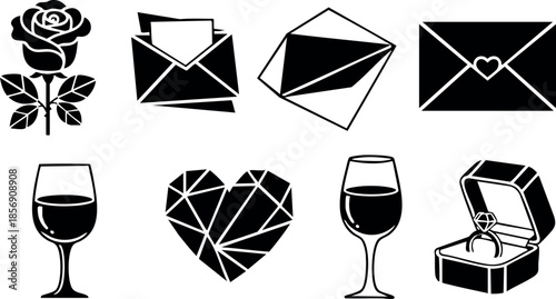 Romantic love symbols with rose wine glasses heart envelope and ring box vector set for celebration and affection