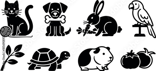 Cute black silhouette pets and animals collection with cat dog rabbit parrot turtle guinea pig and tomatoes vector illustration