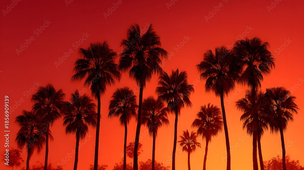 Obraz premium Silhouetted Palm Trees Against a Fiery Sunset Sky - A Tropical Paradise.