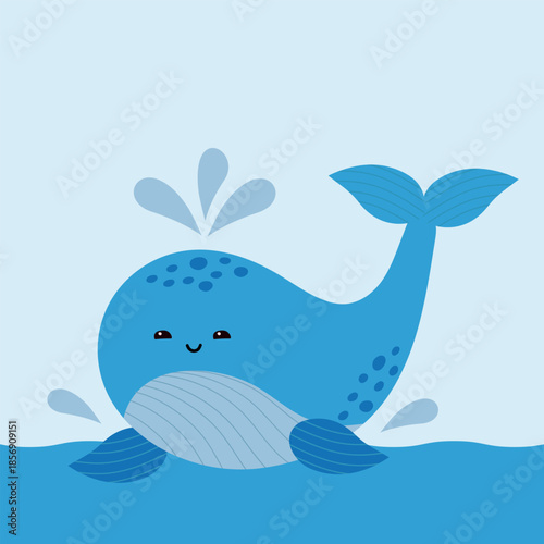 Hand-drawn whale. Cute, happy baby whale in the sea. Isolated vector illustration on a white background.
