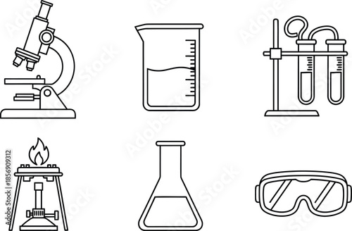 Line art vector set of 6 science lab icons microscope beaker test tubes burner flask and safety goggles
