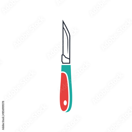A simple illustration of a utility knife with a red and teal handle.