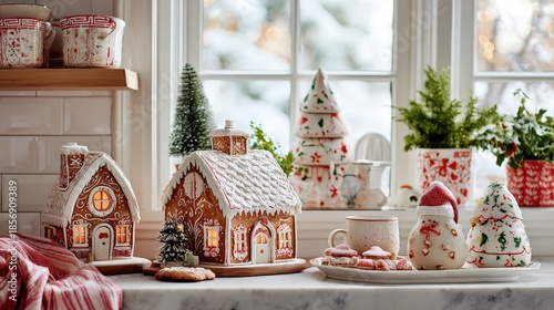 Festive holiday decorations adorn a kitchen countertop before a snow-covered window view