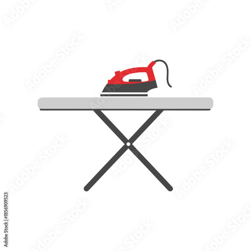 An iron rests on a flat ironing board.