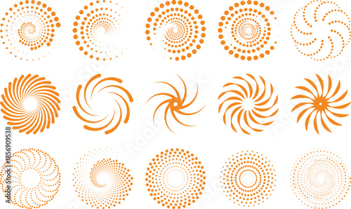 A collection of orange spiral designs arranged in a grid pattern on a white background.