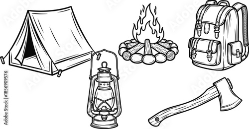 Outline illustration set of 5 camping items tent campfire backpack lantern and axe