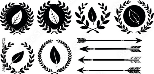 Laurel wreaths with leaves and decorative arrows vector design elements for natural and vintage style graphic projects