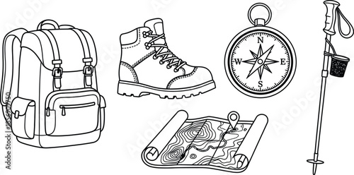 Outline illustration set of 5 hiking gear items backpack hiking boot compass map and walking pole