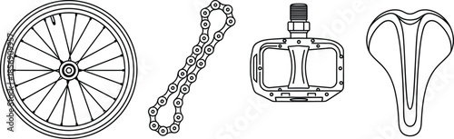 Set of 4 bicycle parts outlines bicycle wheel bicycle chain pedal and saddle seat