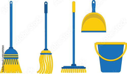 Set of 4 cleaning tools flat design broom dustpan mop and bucket