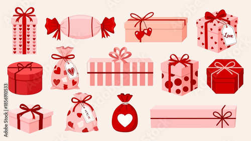 Collection of Valentine's Day gift boxes with ribbons and tags
