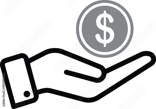 Hand holding dollar coin icon, symbolizing financial transactions and money exchange