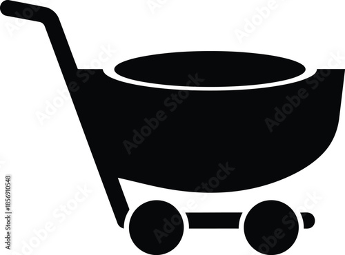 Empty shopping cart icon in black, isolated on a pristine white background, a retail symbol