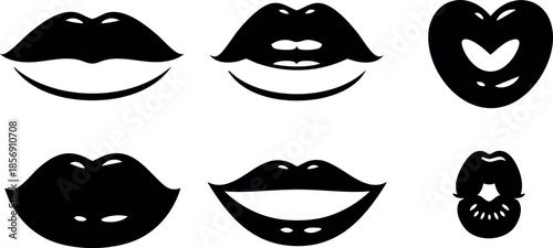 Black lips icons set with various mouth shapes and expressions vector design