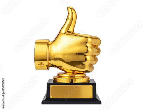 Golden thumbs-up trophy on a black base, isolated on a solid black background