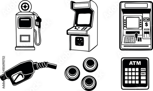 Vintage gas pump arcade machine atm banknotes coins and keypad vector illustration collection in black and white