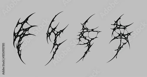 Neo Tribal Skeletal Web Sigilism: Asymmetrical Cyber Gothic Vector, Sharp Acid Venom Lines, Abstract Bone Spider Aesthetic for Dark Metal Streetwear and Cyberpunk Techwear Graphic Design.