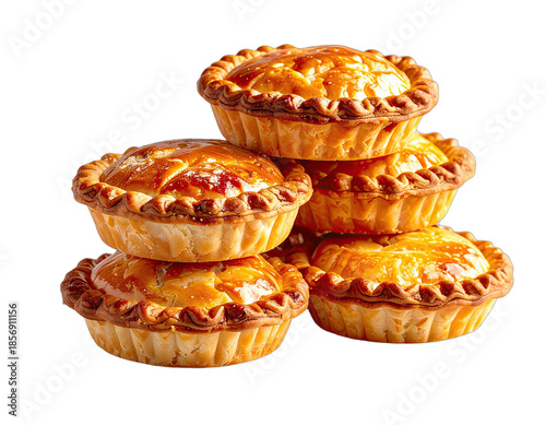 Close-up of golden-brown pastry pies stacked in a small pyramid shape, isolated on black