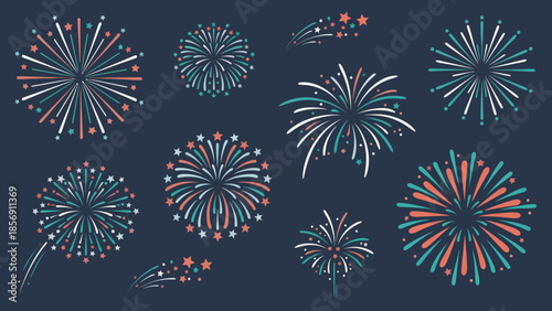 Colorful bursts of fireworks and starbursts on a dark background, celebrating a festive occasion
