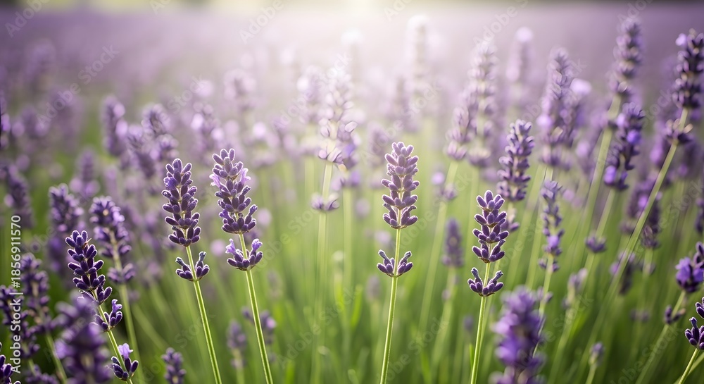 Obraz premium A serene field of lavender flowers basking in warm sunlight and gentle haze