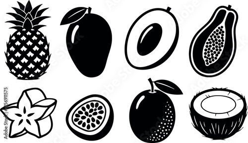Tropical exotic fruit icons set with pineapple mango avocado papaya starfruit passionfruit plum coconut vector illustration