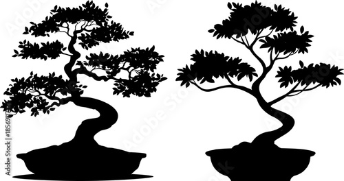 Pareja de siluetas de árboles bonsái en macetas con estilo zen oriental.