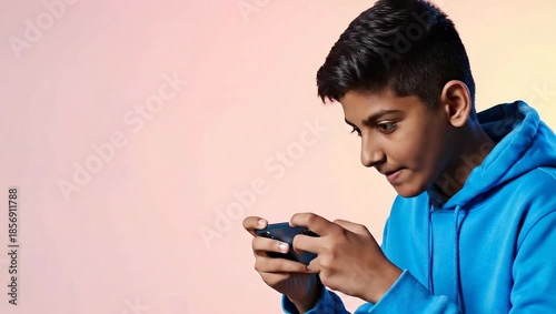 Young man in blue hoodie playing handheld game controller.