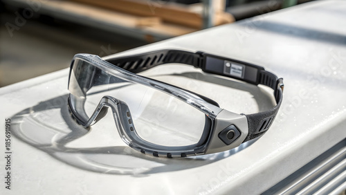 A pair of modern protective safety goggles rests on a smooth, matte-white technical surface, their form defined by ergonomic curves and cutting-edge design