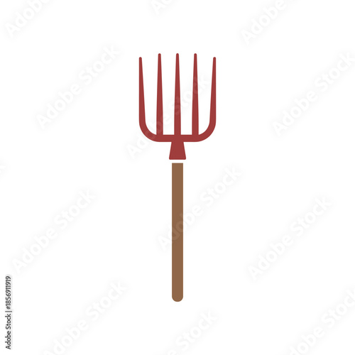 Red pitchfork with wooden handle isolated on white background farming tool.