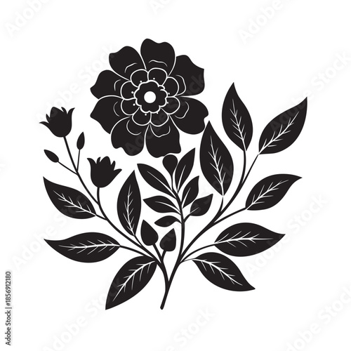 Vintage black and white floral design element featuring a seamless nature pattern of spring blossom silhouette