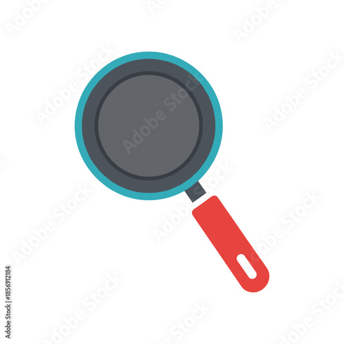 Simple flat icon of a frying pan with a red handle.