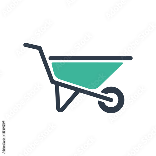 Simple Flat Icon of a Green Wheelbarrow on a White Background.