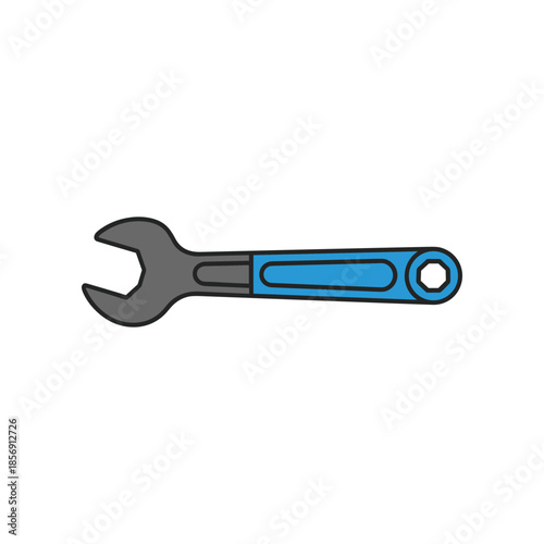 A detailed image of a wrench tool with a blue handle for mechanical work.