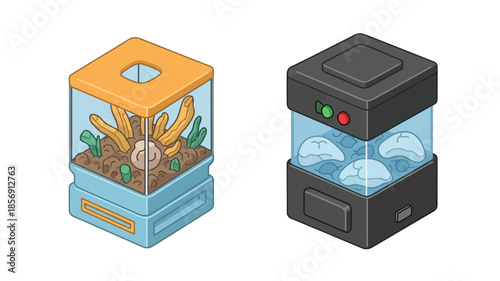 Isometric display cases featuring desert and skull themed dioramas inside