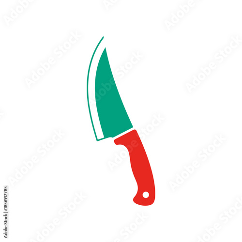A sharp kitchen knife with a red handle and a green blade.