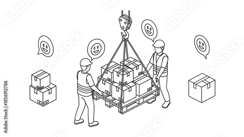 Construction workers coordinating a heavy lift using a crane and palletized goods