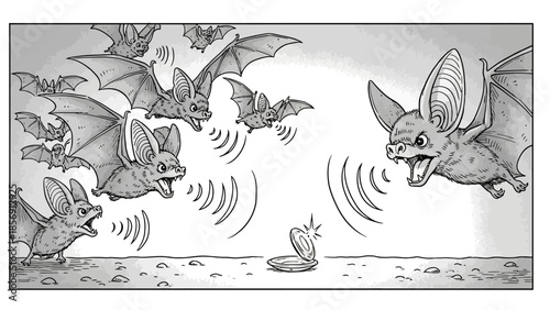 Many cartoon bats flying and using echolocation with sound waves toward a small shiny object on the ground in a grayscale illustration