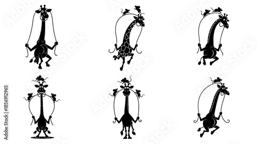 Series of funny giraffes jumping rope with small mice on their heads in various playful poses cartoon style black and white vector graphics on white