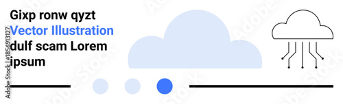 Large cloud in light blue next to outlined cloud with connecting lines, thin horizontal lines, and simplistic lorem ipsum text. Ideal for technology, connectivity, networking, innovation, data