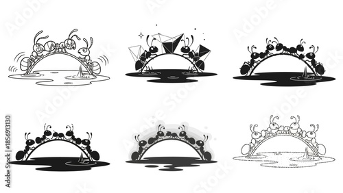 Ants building bridge over water carrying gemstones illustration