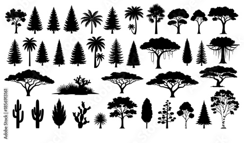 Big tree silhouette vector set with forest jungle and desert trees from different natural zones