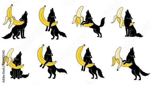 Wolf howling at banana moon vector set featuring black canine silhouettes interacting with yellow fruit crescents in various poses creating a surreal and whimsical nature concept for art projects