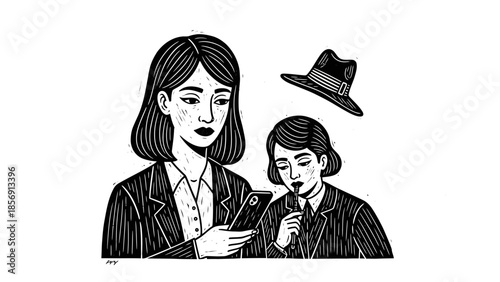 Striking black and white linocut style illustration of two women in suits one checking phone another smoking an e-cigarette with a fedora hat floating above them