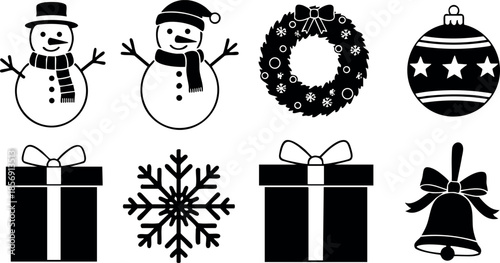 Christmas holiday snowman wreath ornament gift box snowflake bell vector icons set festive decoration collection