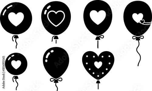Heart shaped balloons vector icons set with love symbols and safety pin design in black style for romantic decoration