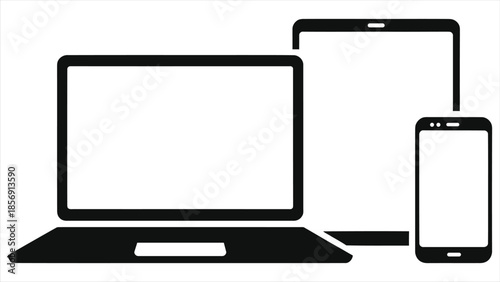 Multi-device learning vector icon set. Laptop, tablet, and smartphone illustration for e-learning, responsive design, and digital education. Flat silhouette mockup isolated on white background.