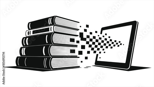 Vector illustration of physical books dissolving into pixels and flowing into a digital tablet. Concept of e-learning, online library, digital transformation, and modern education technology isolated 